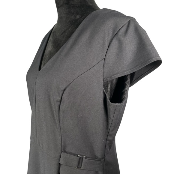 Long Tall Sally Black Midi Dress Belted Short Cap Sleeve V-Neck Classic Tailored - Picture 12 of 15